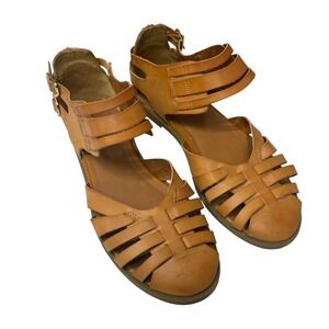 Pink & Pepper Womens Tan Leather Gladiator Sandals Cage Cutout Buckle Straps 8.5